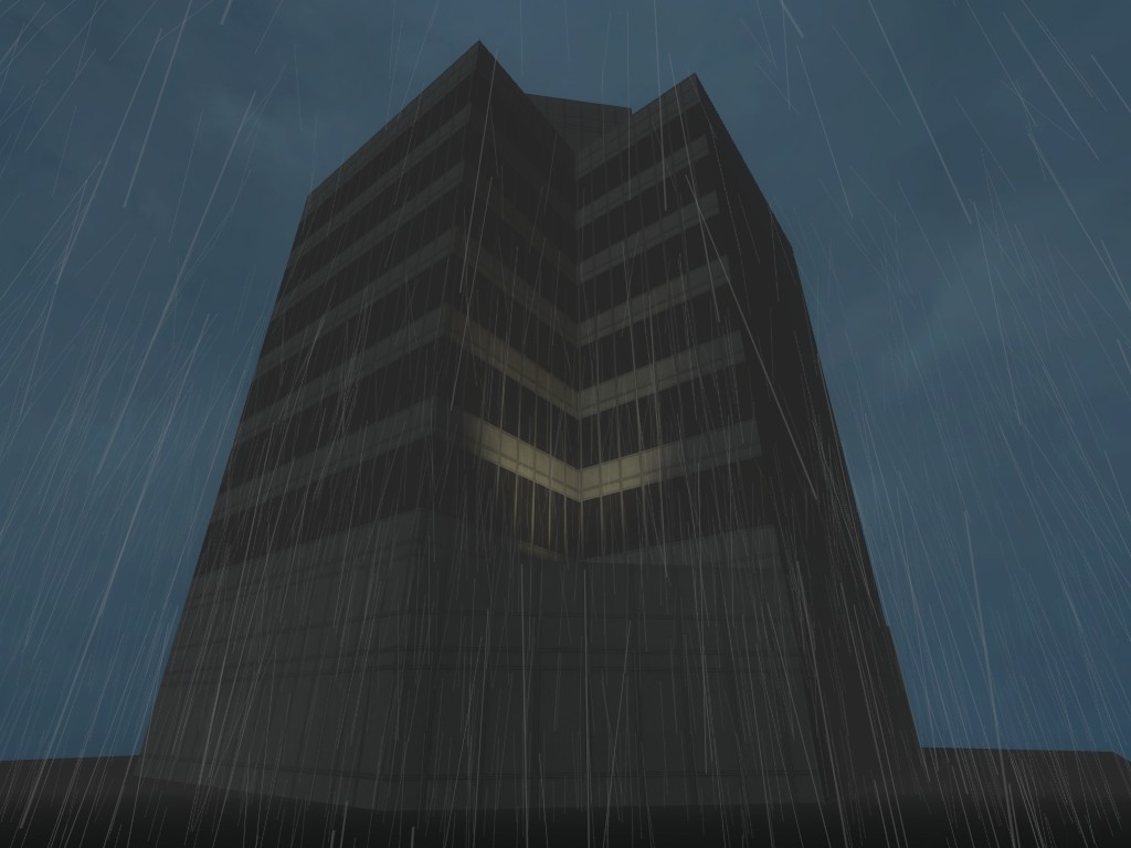 A Source Engine screenshot displaying a building at night during the rain