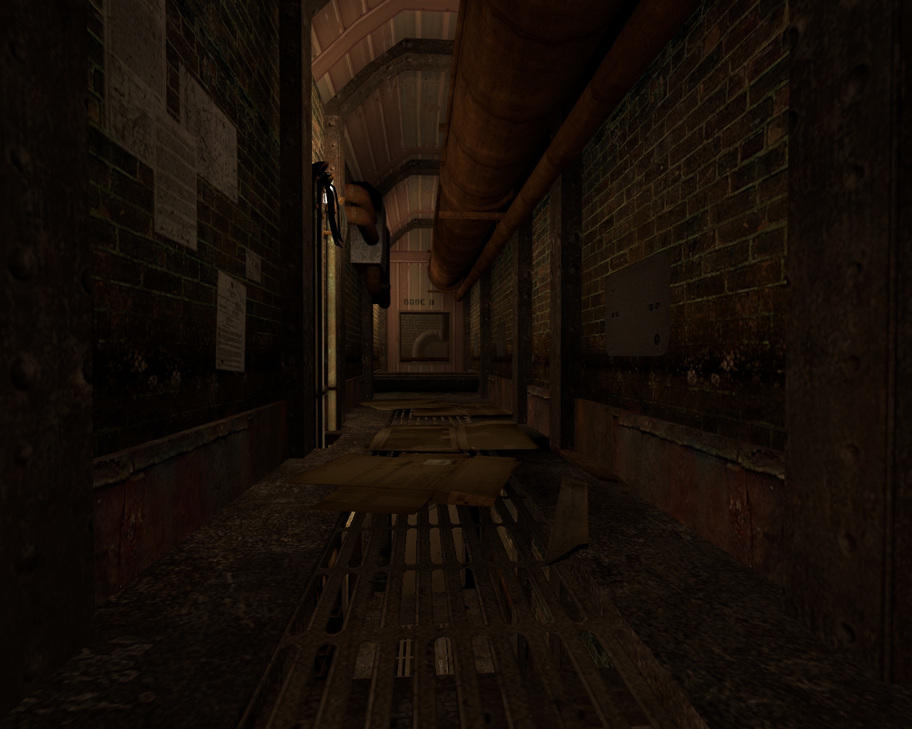 A Source Engine screenshot displaying an industrial hallway of brick walls, large pipes, and a sheet metal ceiling