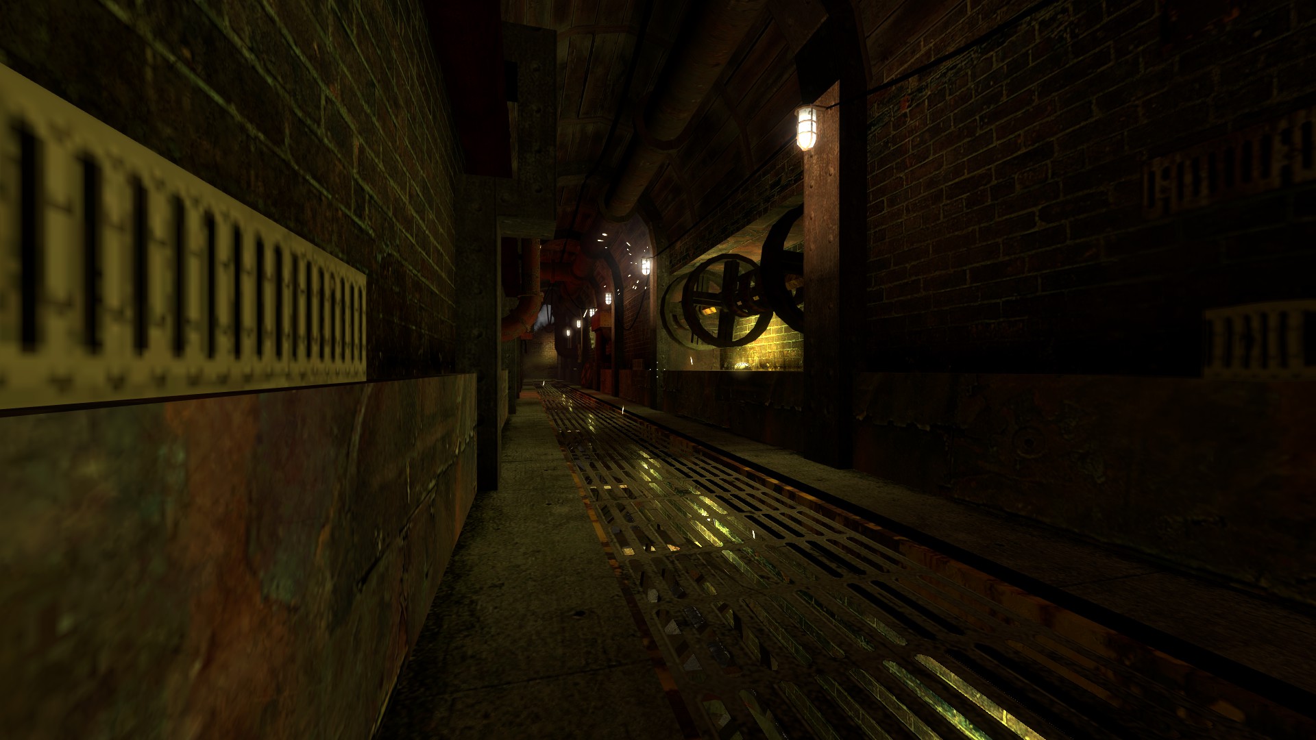 A Source Engine screenshot displaying an industrial hallway of machines, cage lights, and pipes