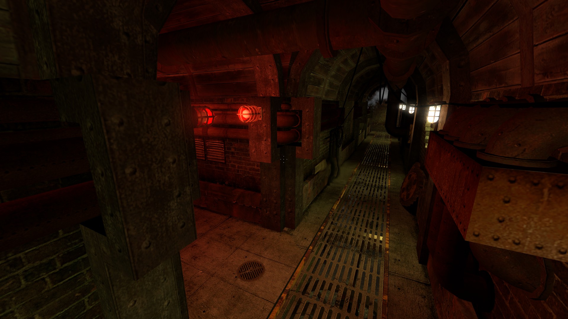 A Source Engine screenshot displaying an industrial hallway with emergency lights active and metal grate floors