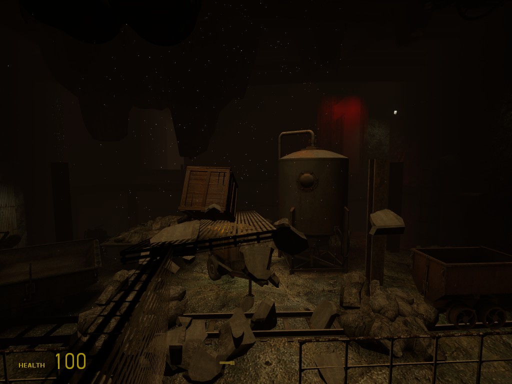 A Source Engine screenshot displaying a mine antechamber filled with equipment during an earthquake