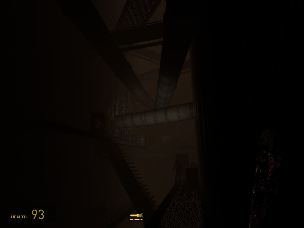 A Source Engine screenshot displaying a vertical mineshaft filled with pipes and ladders