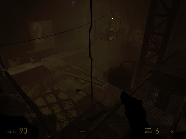 A Source Engine screenshot displaying a flooded vertical mineshaft filled with makeshift pathways and mining equipment