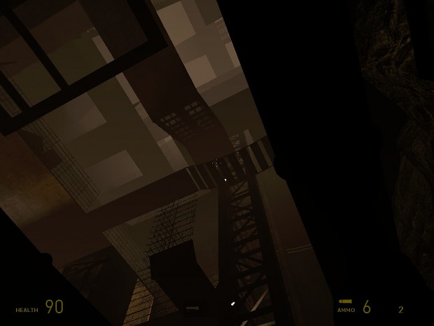 A Source Engine screenshot displaying a massively tall mineshaft covered with metal walkways
