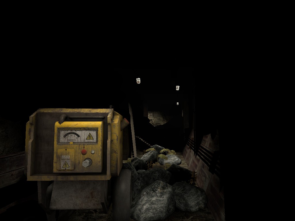 A Source Engine screenshot displaying a dark stone tunnel occupied by a deisel generator and some lamps