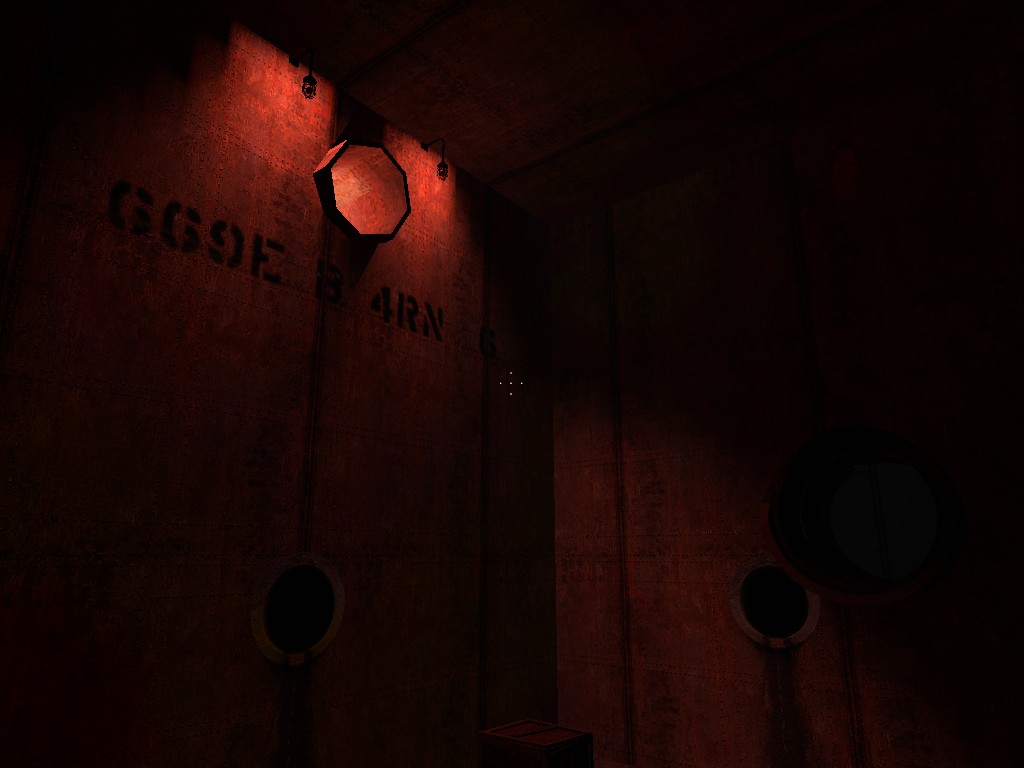 A Source Engine screenshot displaying a metal room cast in a strong, red light and exiting through several pipes