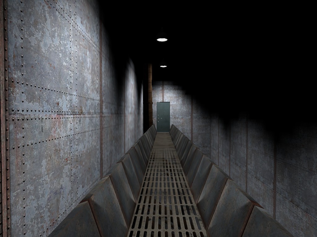 A Source Engine screenshot displaying a metal passageway eerily lit.