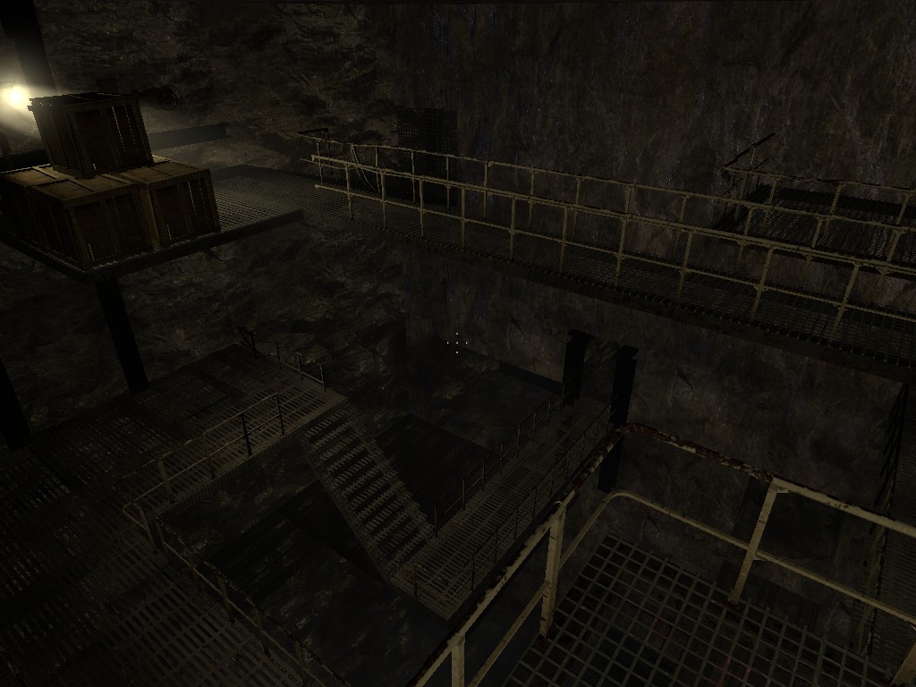 A Source Engine screenshot displaying a series of metal catwalks descending into a flooded mineshaft