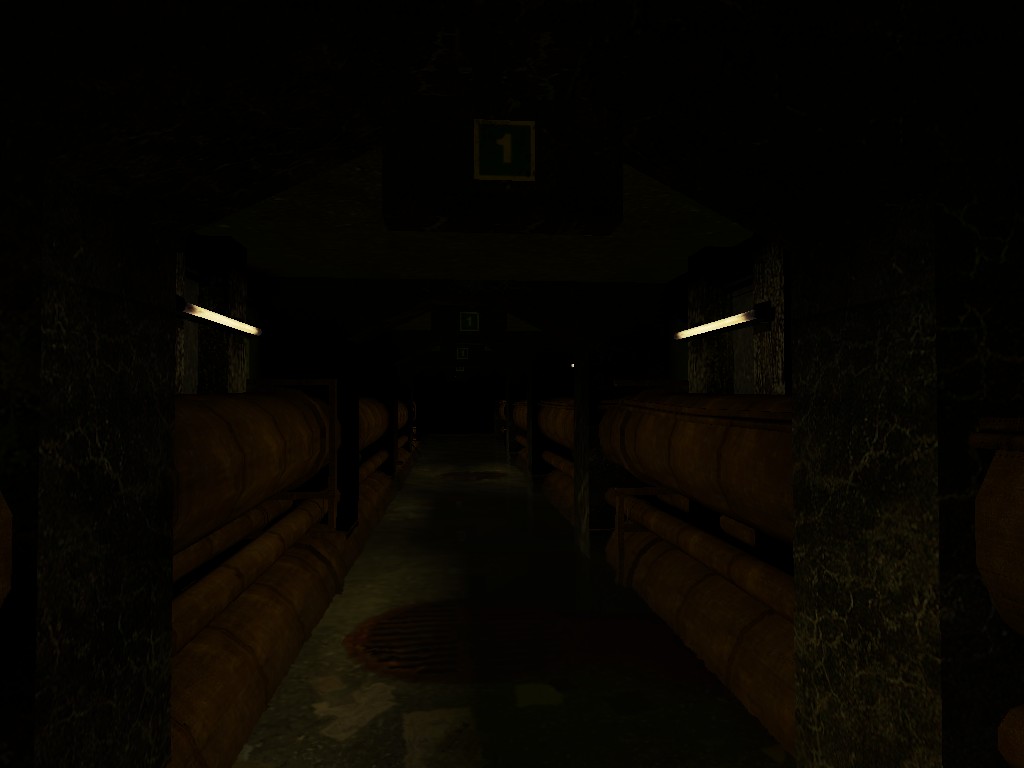 A Source Engine screenshot displaying a dark industrial hallways full of pipes
