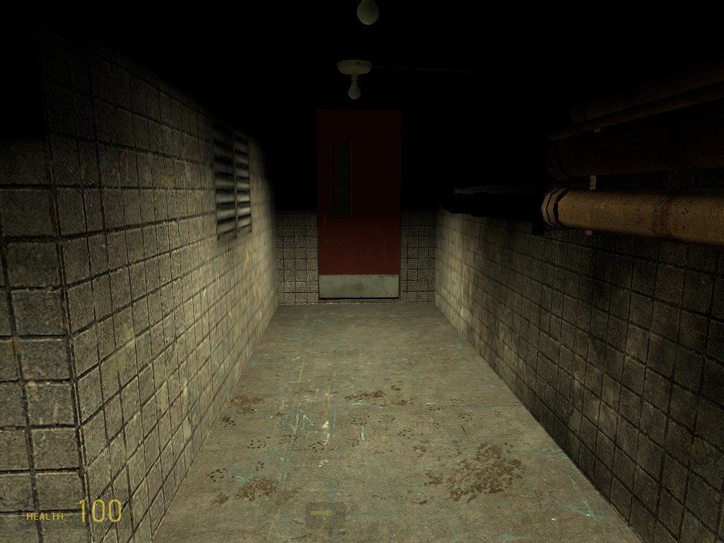 A Source Engine screenshot displaying a dark concrete hallway of vents and pipes