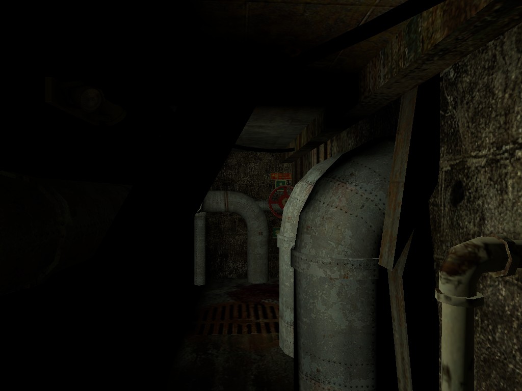 A Source Engine screenshot displaying an industrial hallway blocked with metal debris and pipes