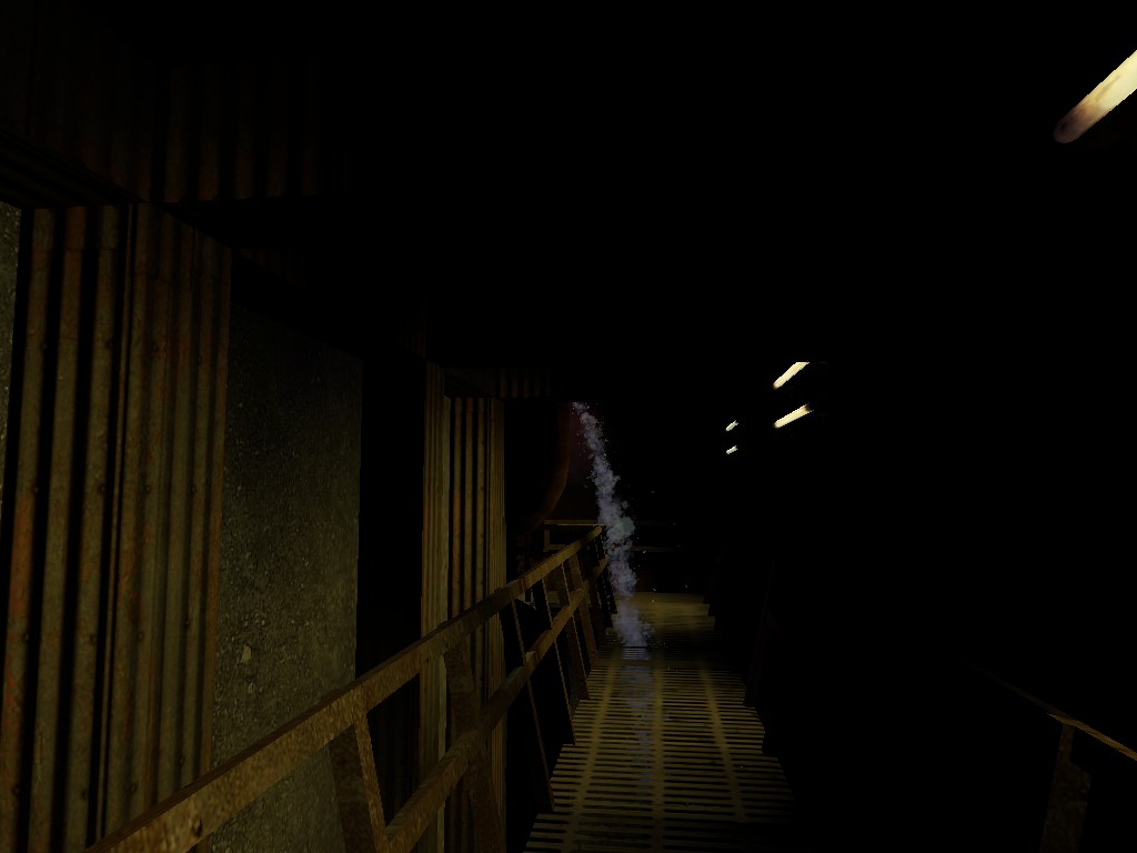 A Source Engine screenshot displaying a dark industrial hallway with metal beams and a metal walkway