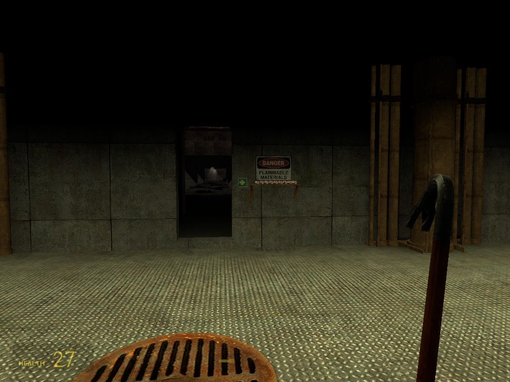 A Source Engine screenshot displaying a small, industrial room with metal surfaces and pipes