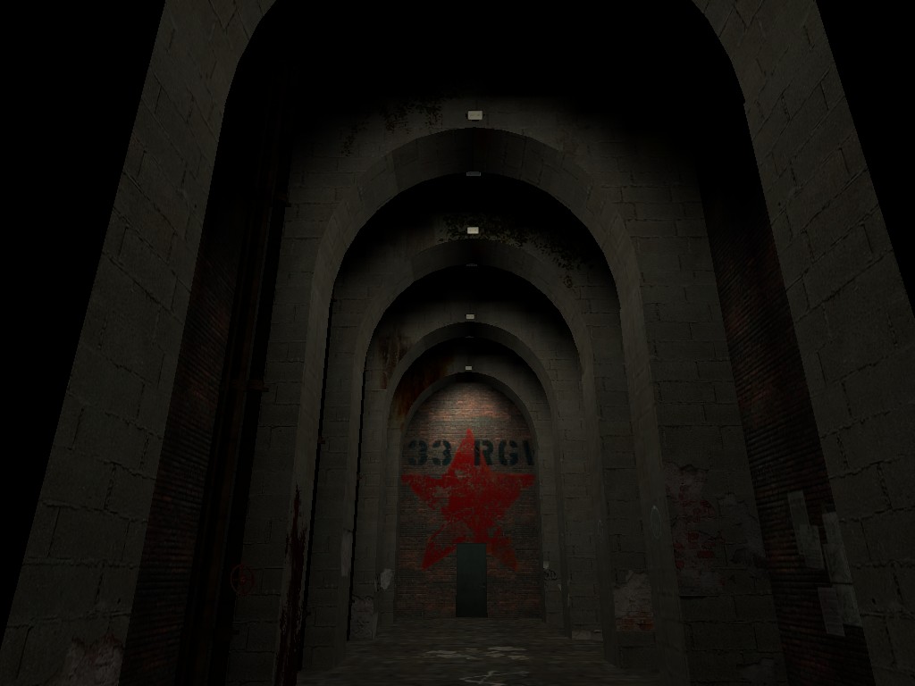 A Source Engine screenshot displaying a grand arched entryway with brick columns and military decals