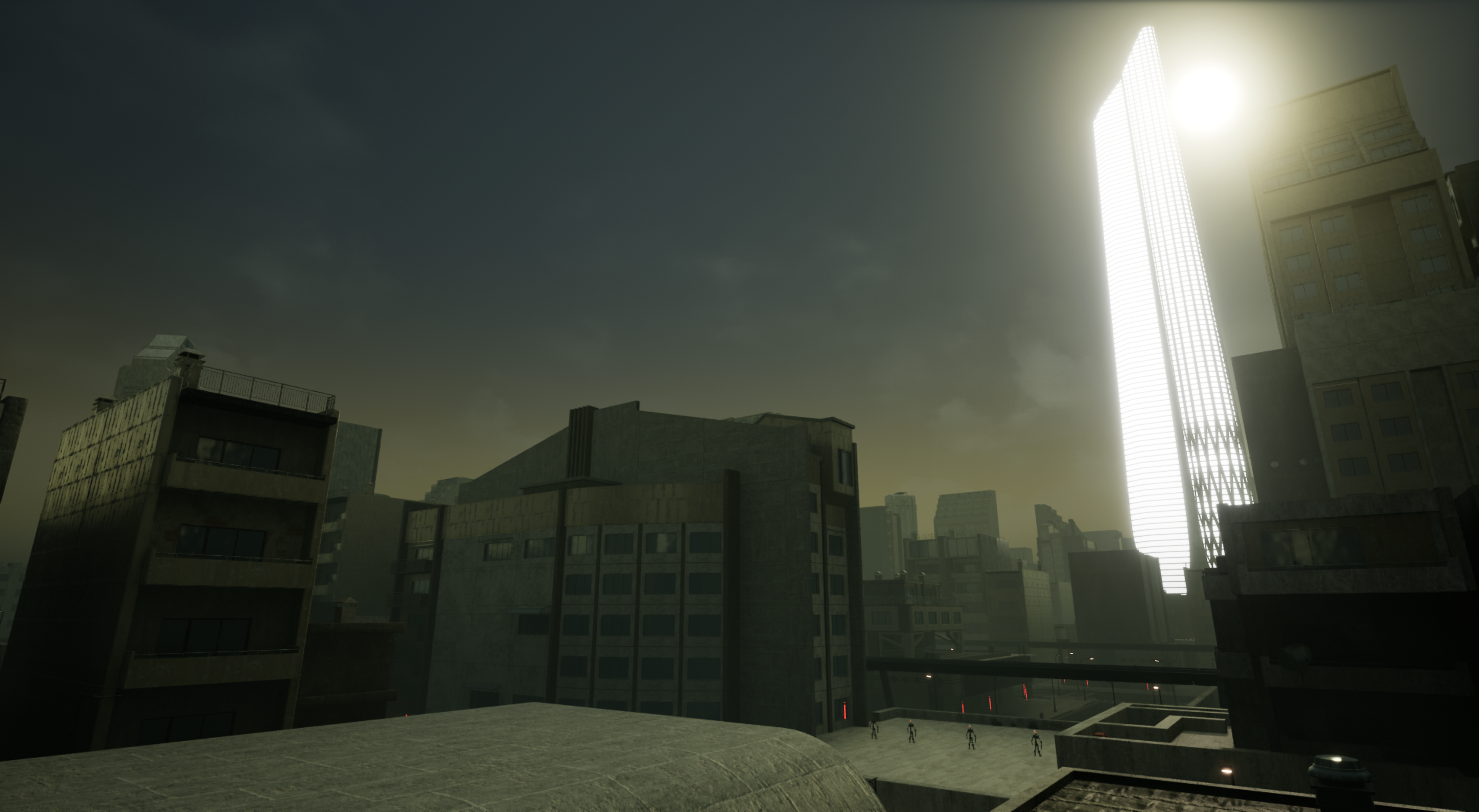 An Unreal Engine screenshot of a brutalist cyberpunk city showing rooftops and a glowing building in the distance