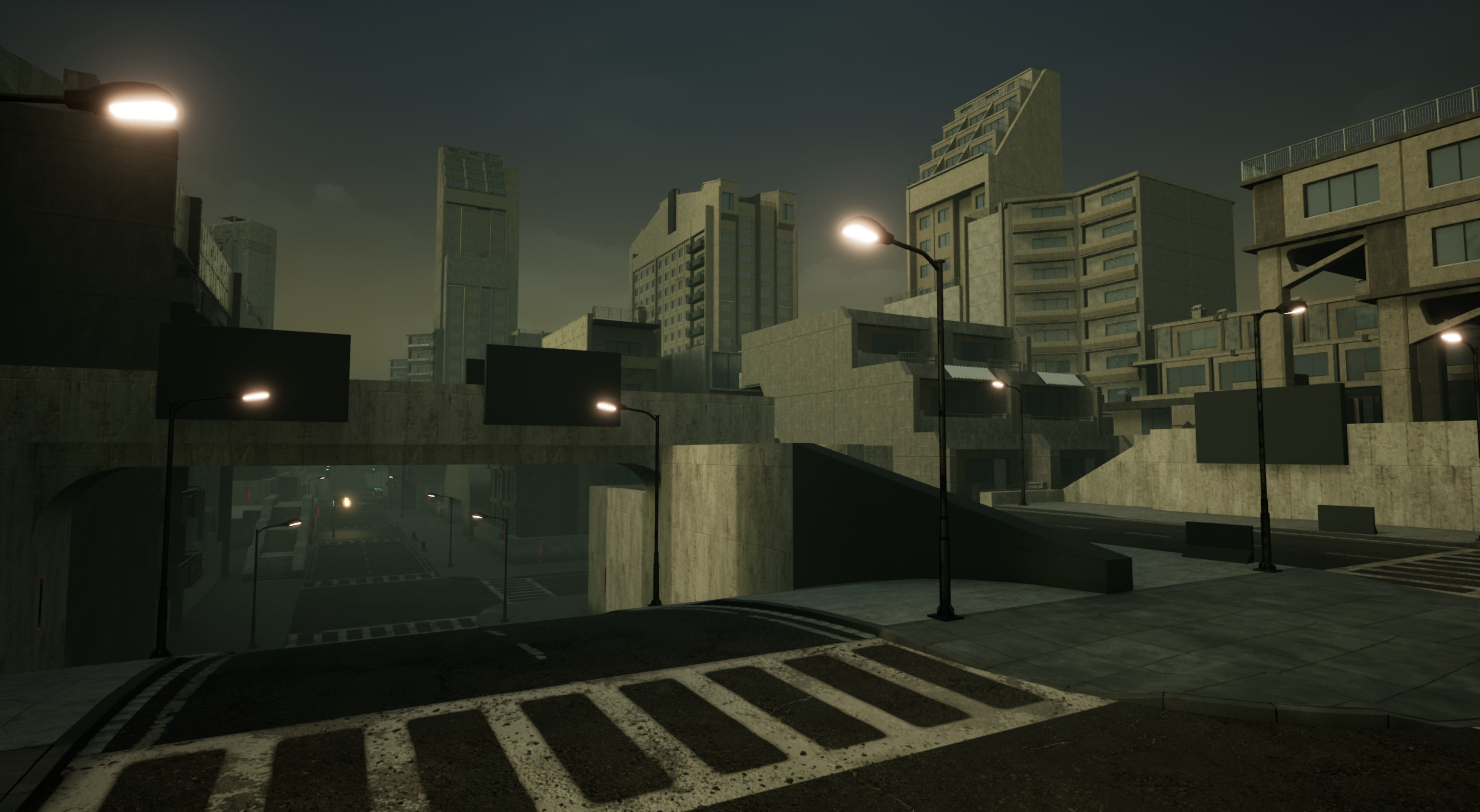 An Unreal Engine screenshot of a brutalist cyberpunk city showing an overpass leading to another city segment