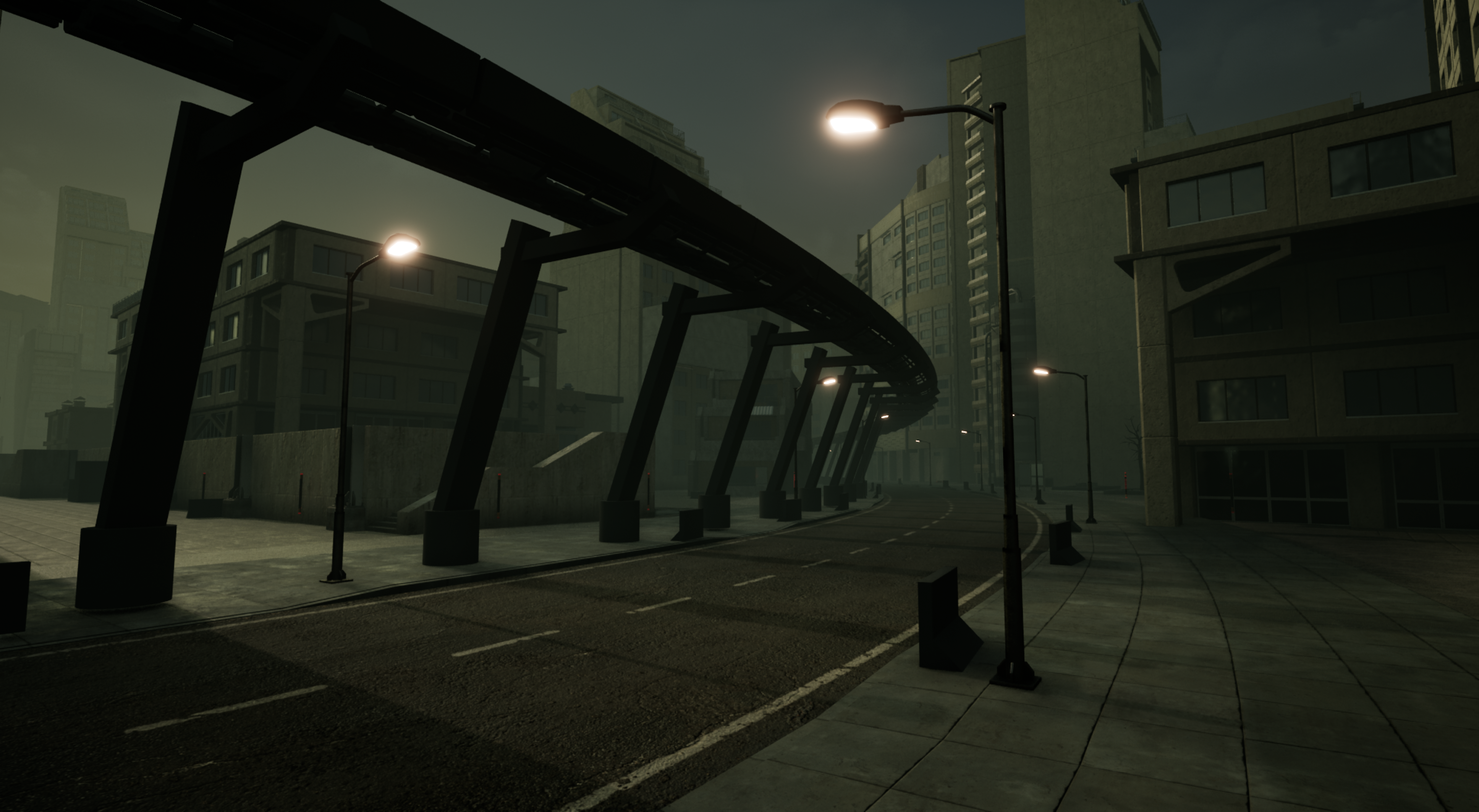An Unreal Engine screenshot of a brutalist cyberpunk city showing an elevated railway above the street and an open, concrete courtyard
