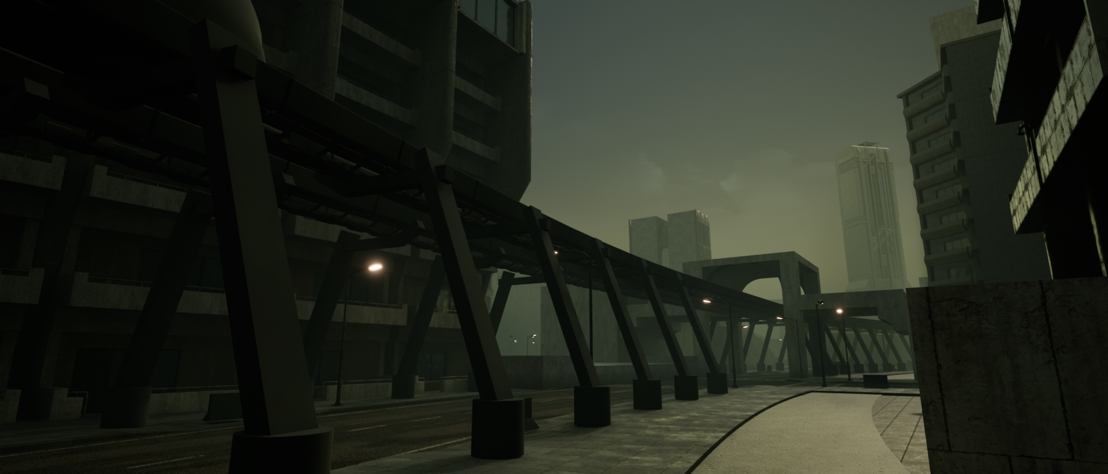 An Unreal Engine screenshot of a brutalist cyberpunk city showing an elevated railway carving through a narrow street and entering a station