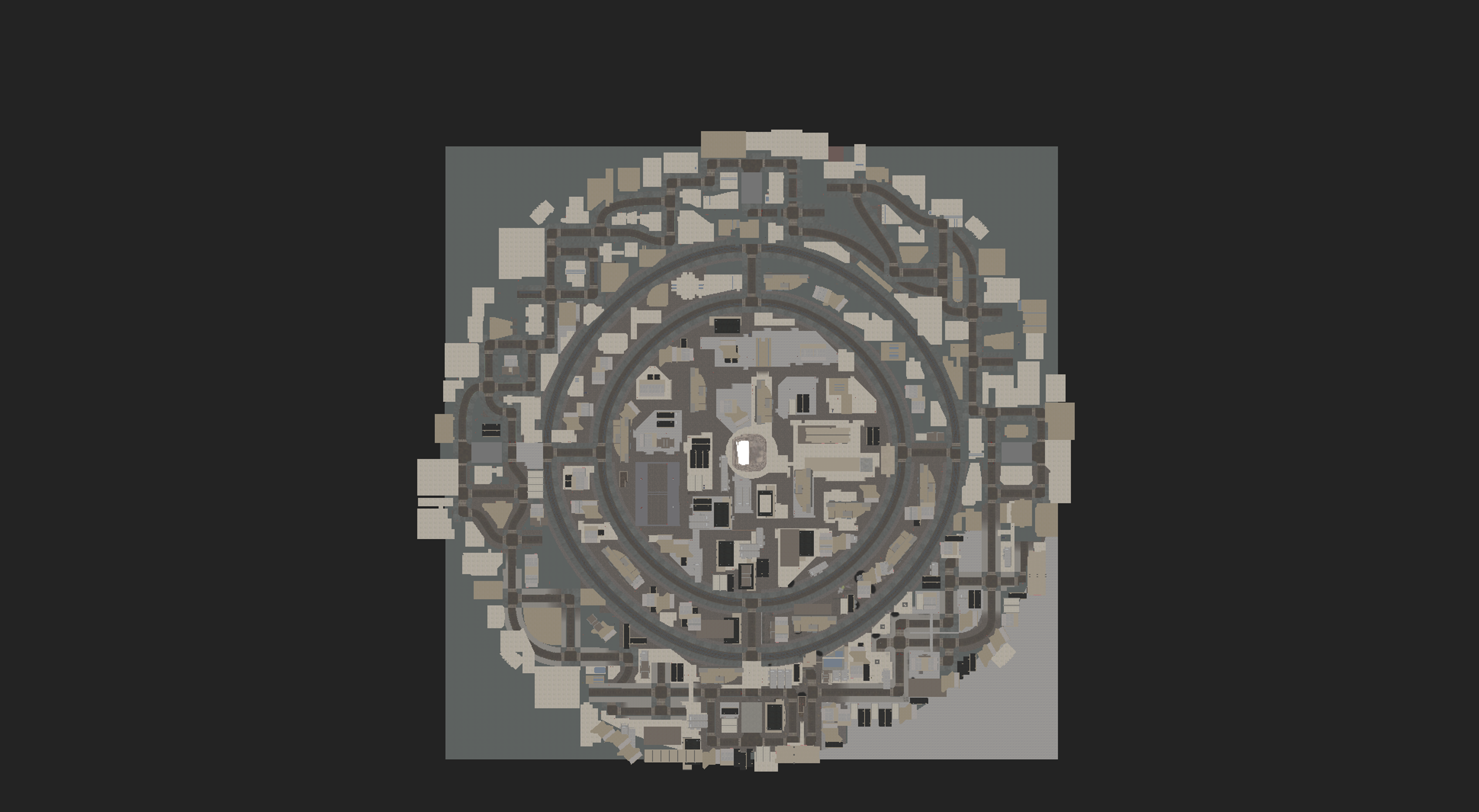 An Unreal Engine screenshot of a large city from above showing its layout and overall design