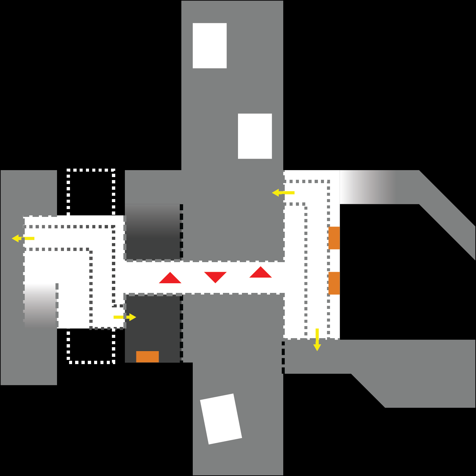 A digital drawing of a city block showing gameplay elements and general level geometry