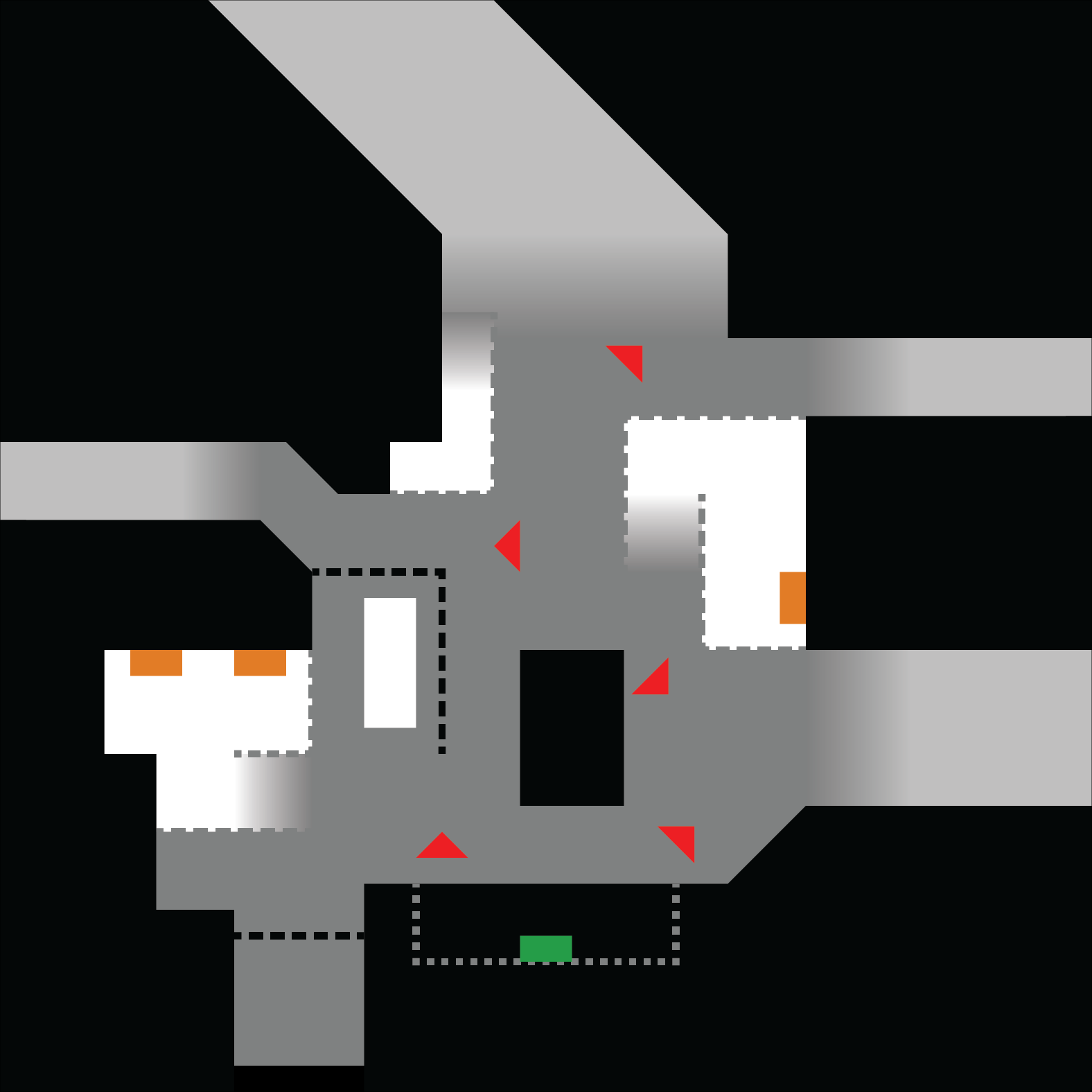 A digital drawing of a city block showing gameplay elements and general level geometry
