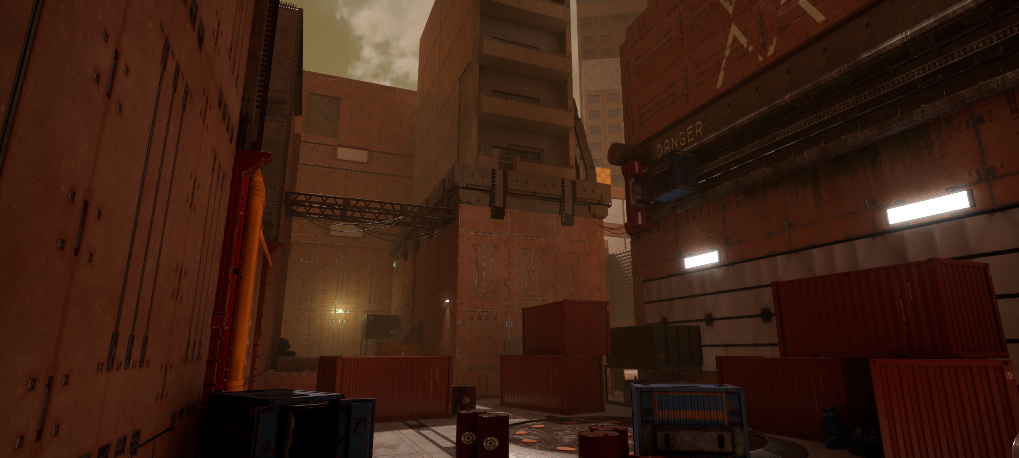 An Unreal Engine screenshot of a dense industrial alley of a polluted city