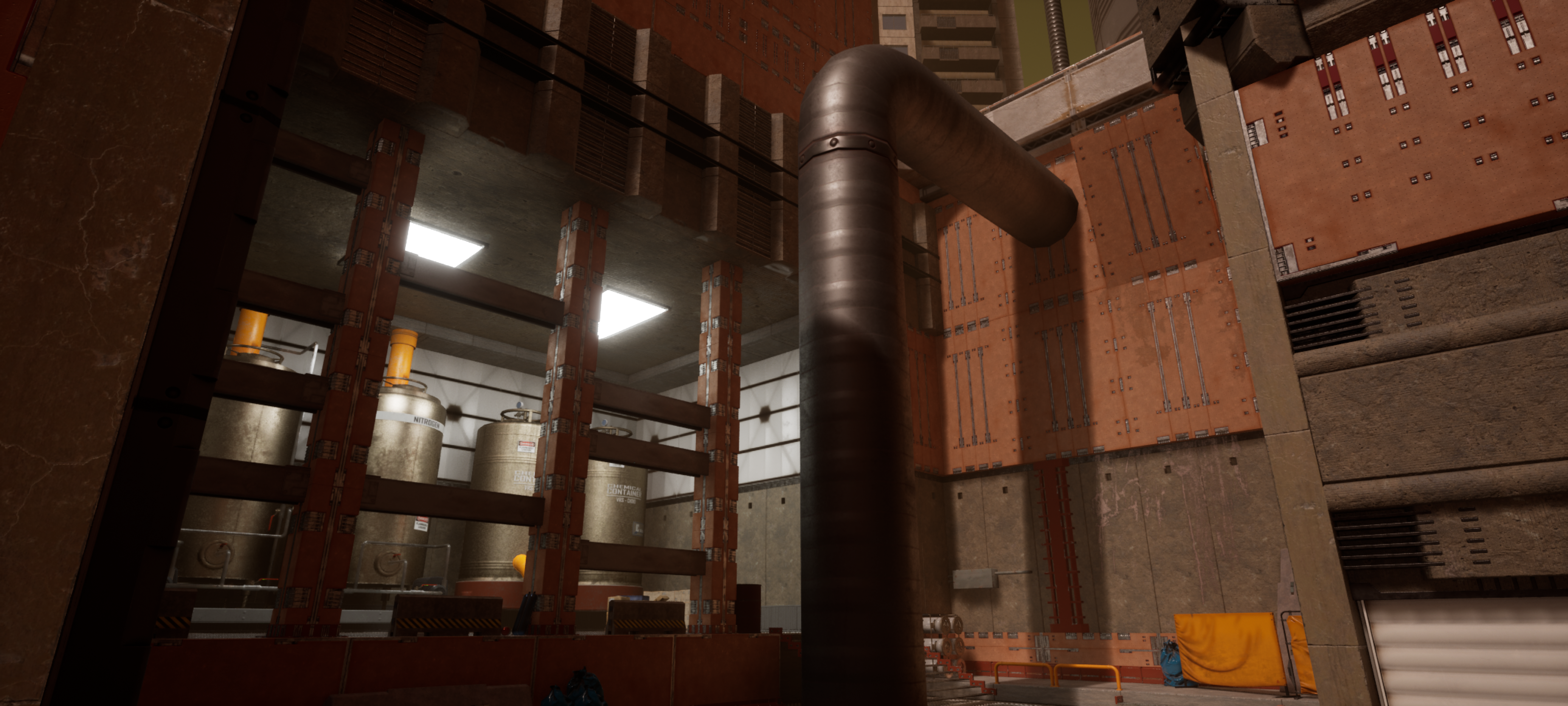 An Unreal Engine screenshot of a dense industrial alley with chemical tanks and large pipes