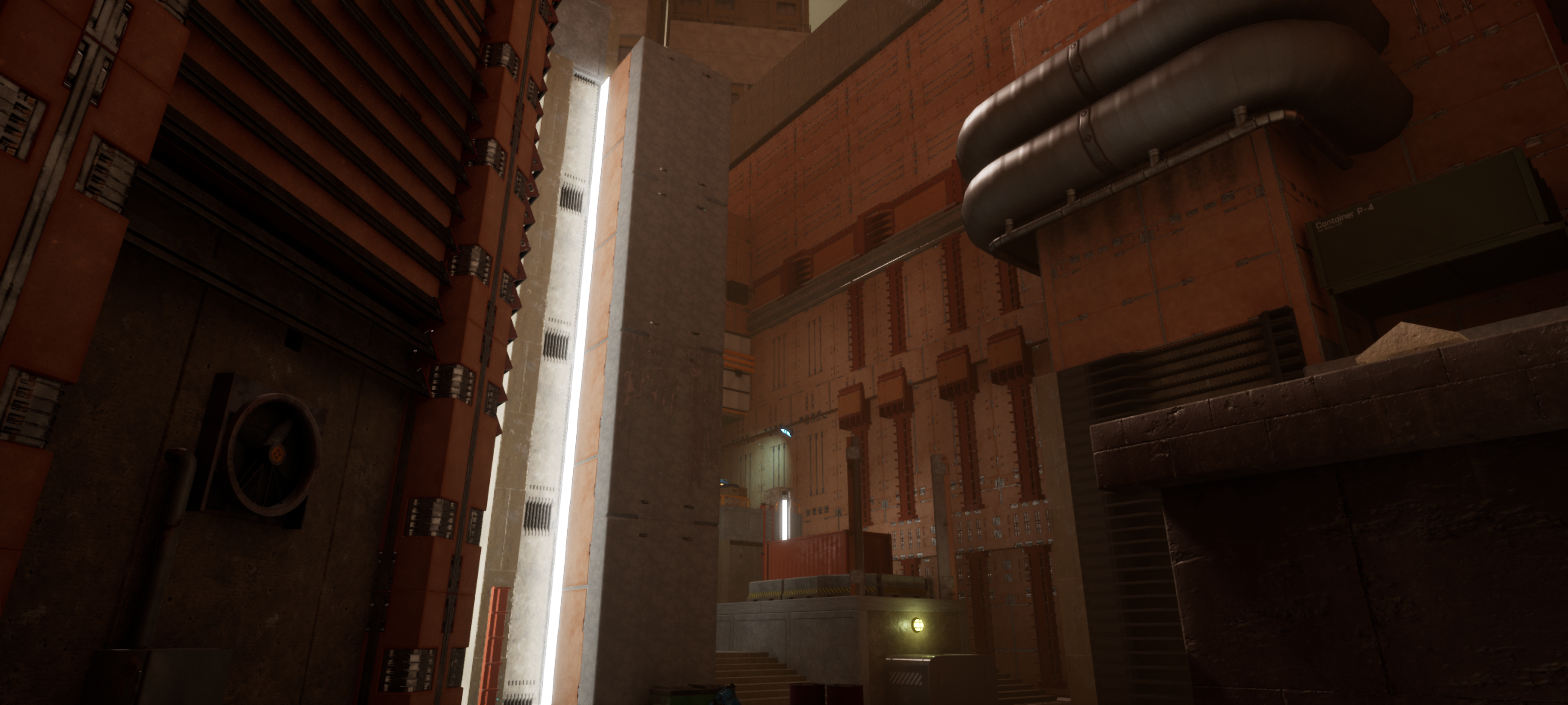 An Unreal Engine screenshot of a dense industrial alley with the entrance to a club amongst pipeworks