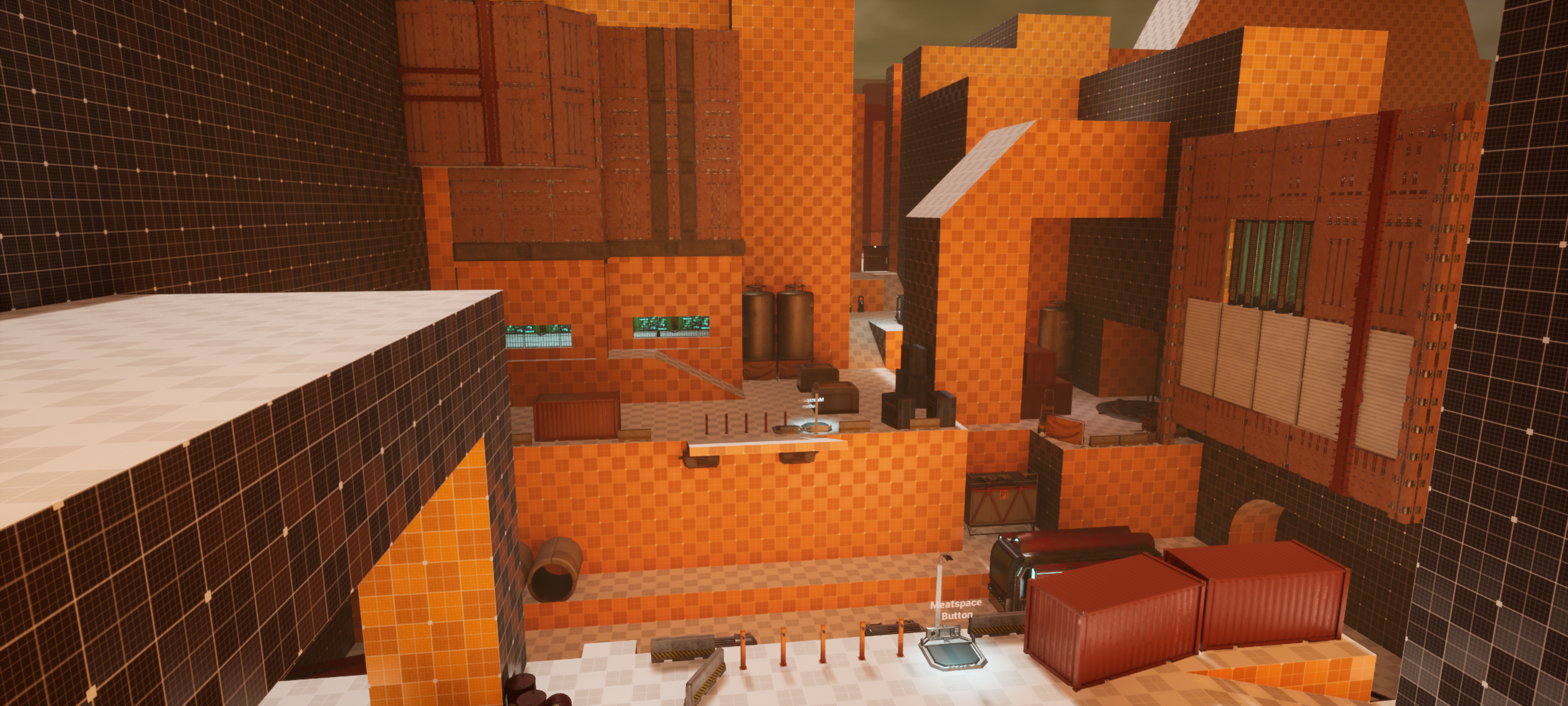 An Unreal Engine screenshot of a dense industrial area where a guarded bridge extends over a busy street