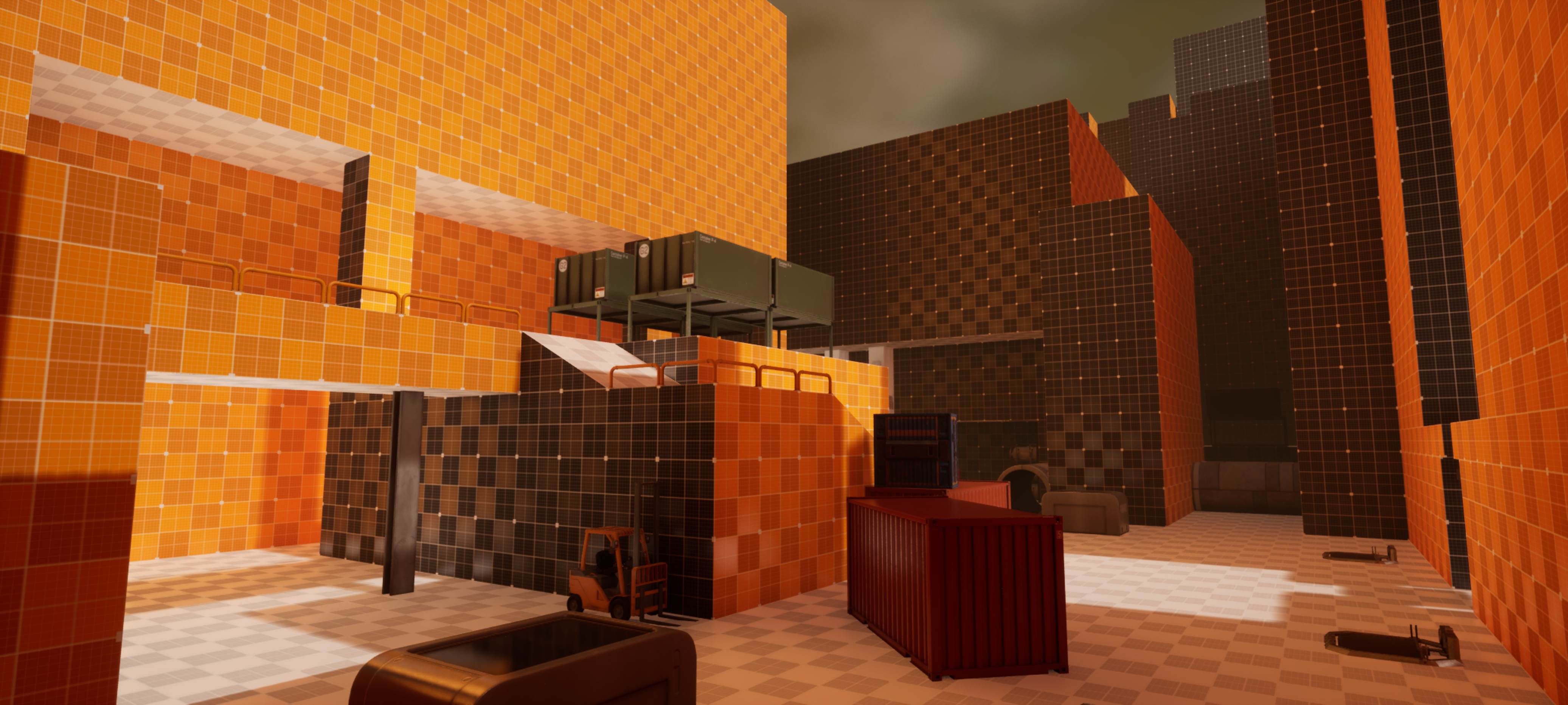 An Unreal Engine screenshot of a dense industrial alley filled with equipment and containers