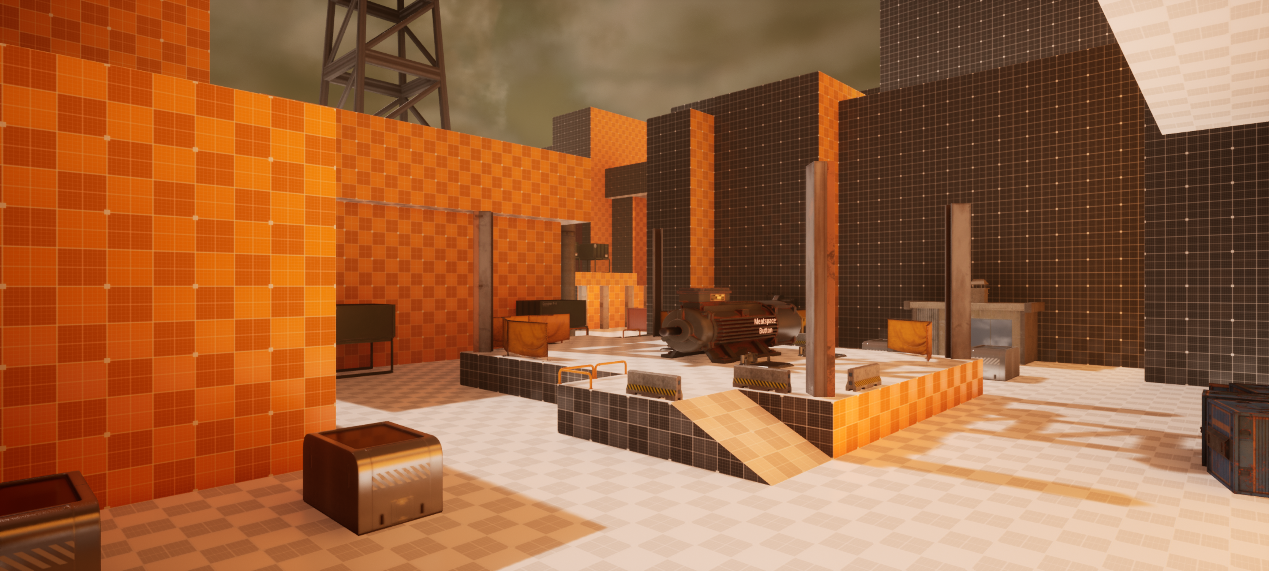 An Unreal Engine screenshot of a dense industrial alley