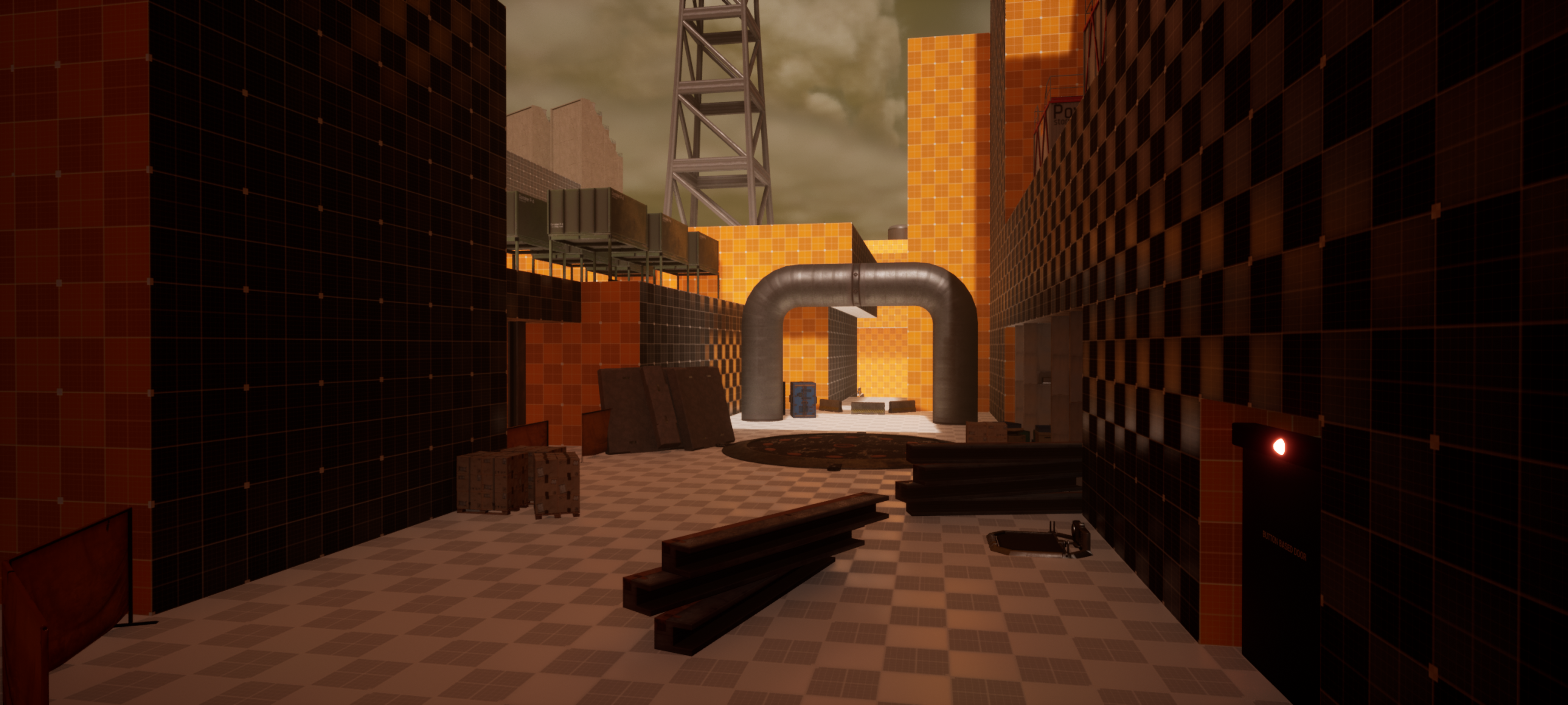 An Unreal Engine screenshot of a dense industrial alley with construction equipment and material