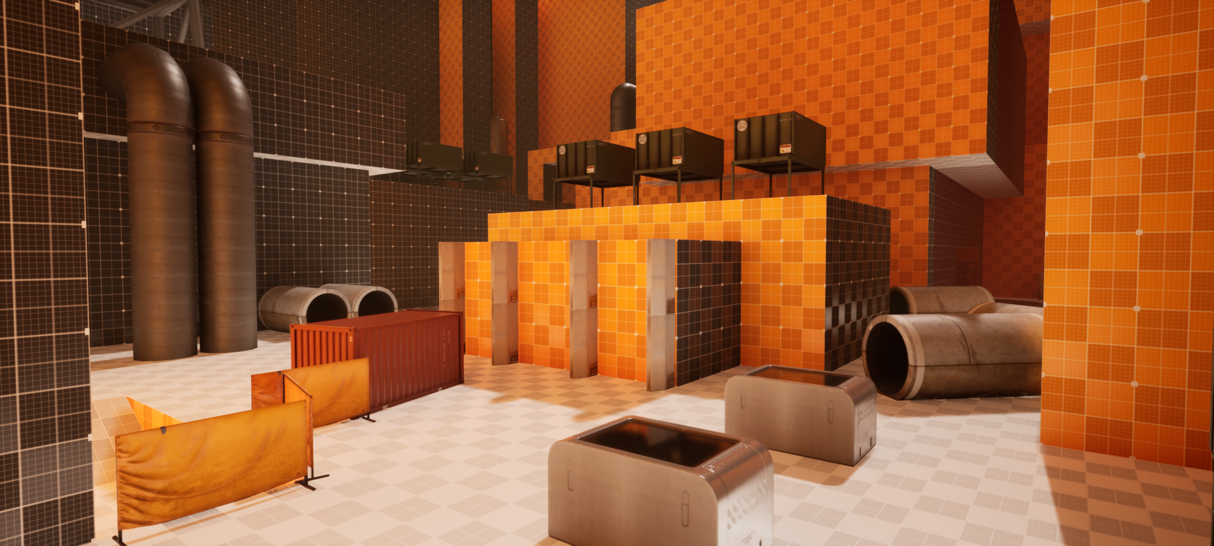 An Unreal Engine screenshot of a dense industrial alley