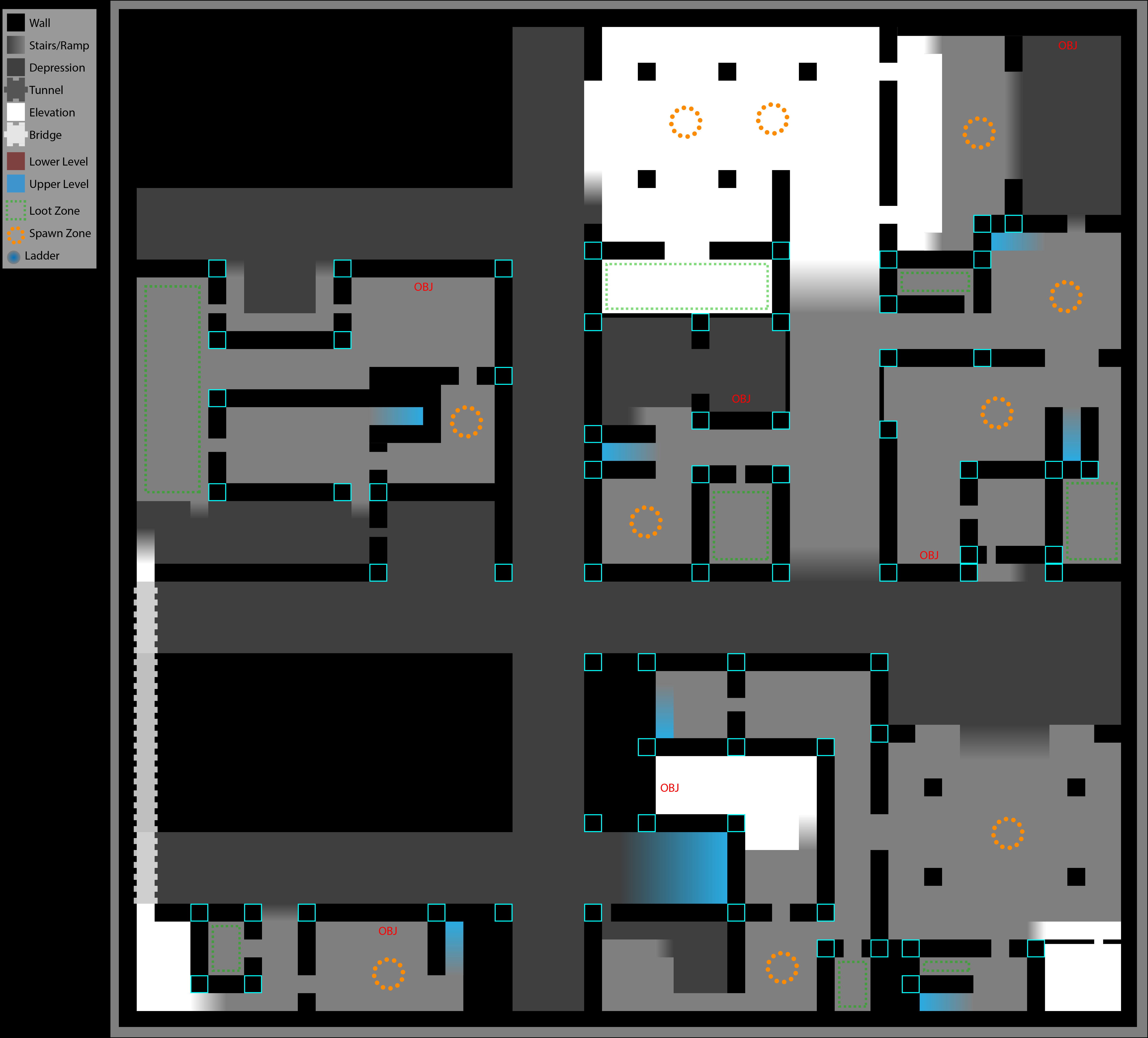 A digital drawing of a city block showing gameplay elements and general level geometry