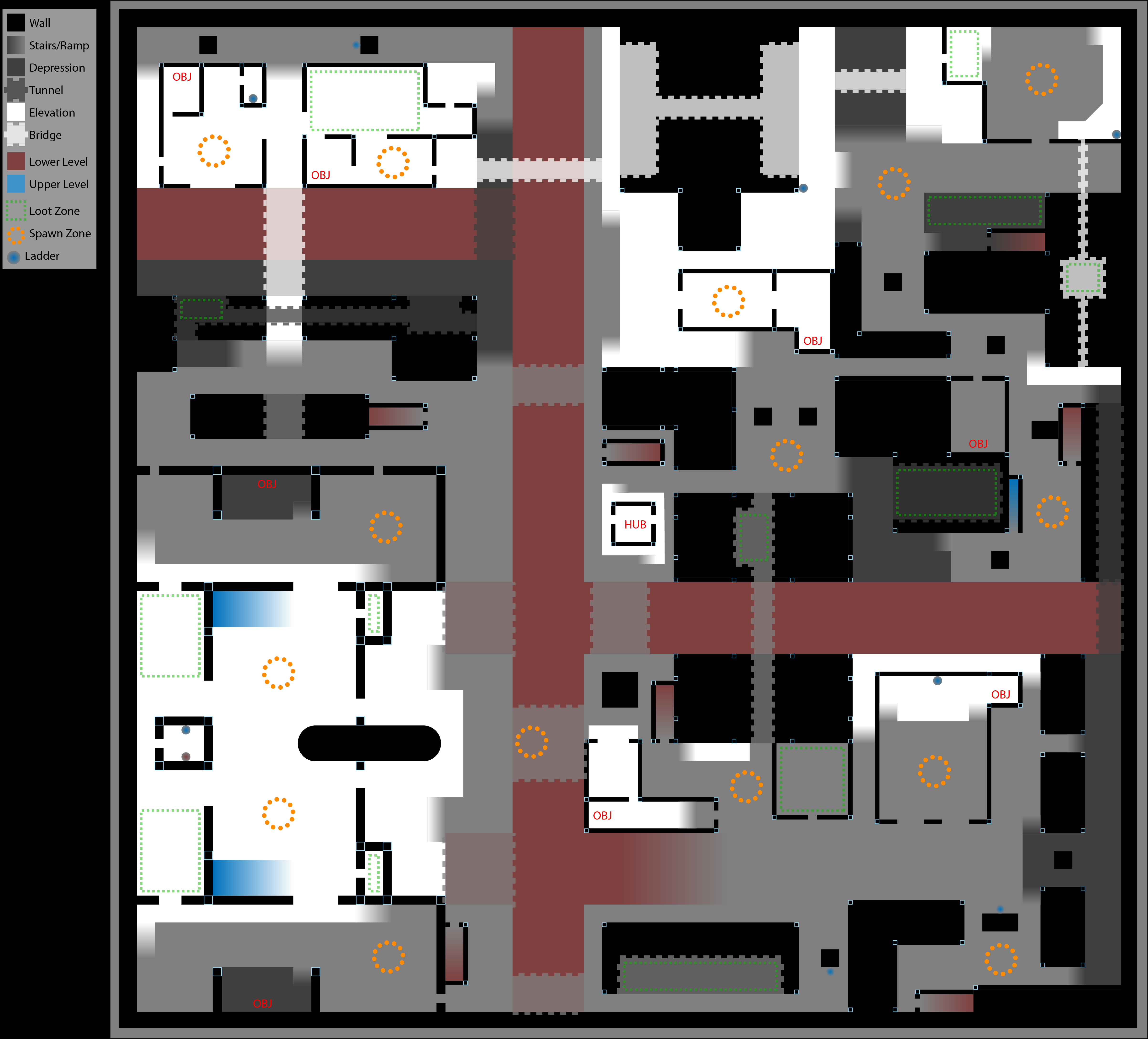 A digital drawing of a city block showing gameplay elements and general level geometry