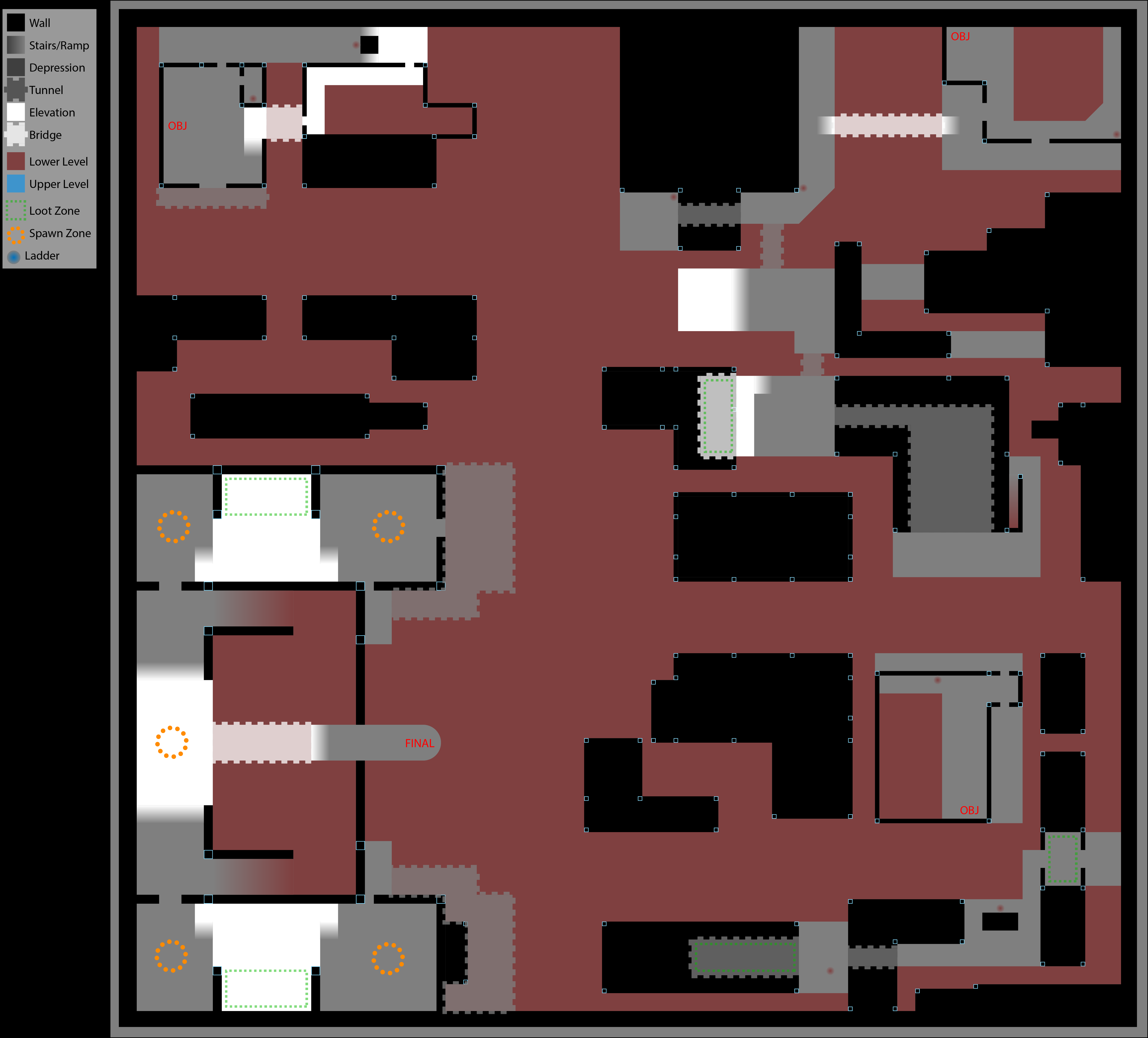 A digital drawing of a city block showing gameplay elements and general level geometry